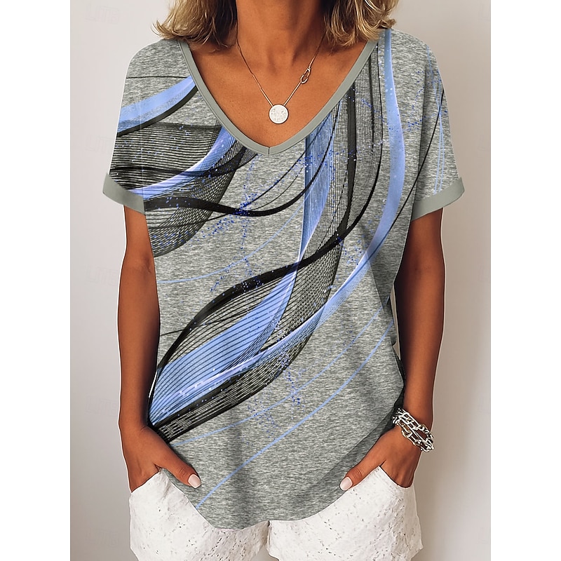 Women's T Shirt Graphic Abstract Vintage Stylish Modern Short Sleeve V Neck Regular Tops Daily Weekend Vacation Wear Print Blue Purple Gold Green Summer2