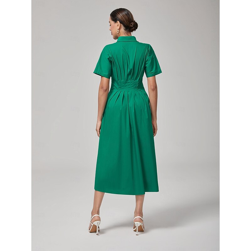 Women's Maxi Dress Vintage Green Cotton Pleated Waist Shirt Collar Casual Elegant Spring Summer Fall3