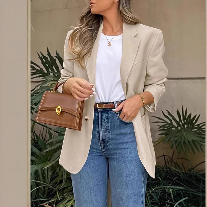 Women's Blazer Comfortable Breathable Pocket Buttons Fashion Modern Plain Work Daily Regular Turndown Regular Fit Long Sleeve Outerwear Black White Khaki Spring Fall4