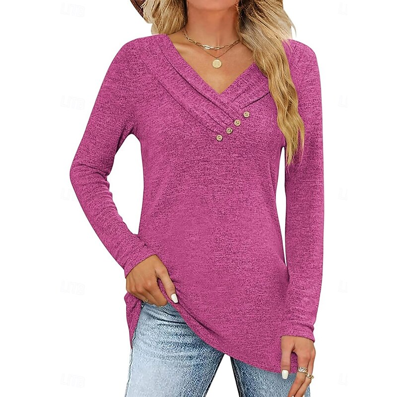 Women's Blouse Solid Color Stylish Casual Long Sleeve V Neck Regular Tops Daily Buttons Black Pink Wine Purple Summer Spring2