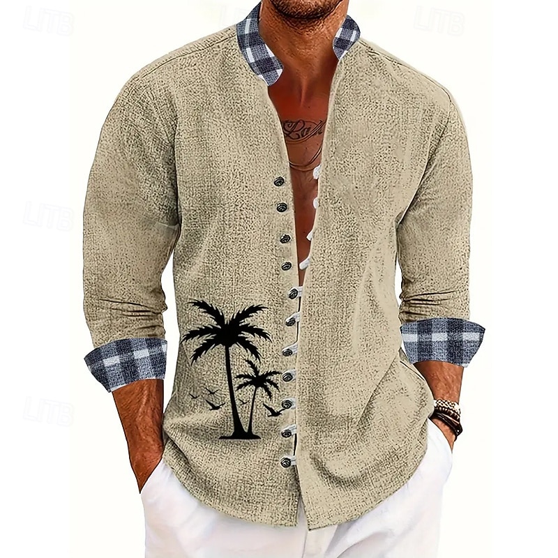 Men's Geometric Coconut Tree Grid / Plaid Shirt Stand Collar Shirt Long Sleeve Fashion Casual Vacation Daily Wear Going out Spring Fall Mandarin Collar Band Collar Button-Down Linen Like Shirt Khaki