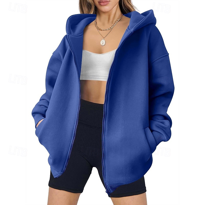 Women's Zip Up Hoodies Plain Casual Long Sleeve Hooded Regular Tops Street Holiday Going out Zipper Pocket Blue Brown Light Grey Fall Winter