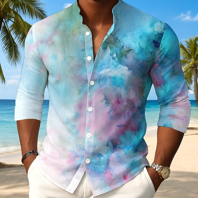 Men's Floral Print Gradient Color Flowers Shirt Button Up Shirt Stand Collar Shirt Long Sleeve Fashion Casual Outdoor Vacation Daily Spring Fall Mandarin Collar Band Collar 3D Print Linen Like Shirt4