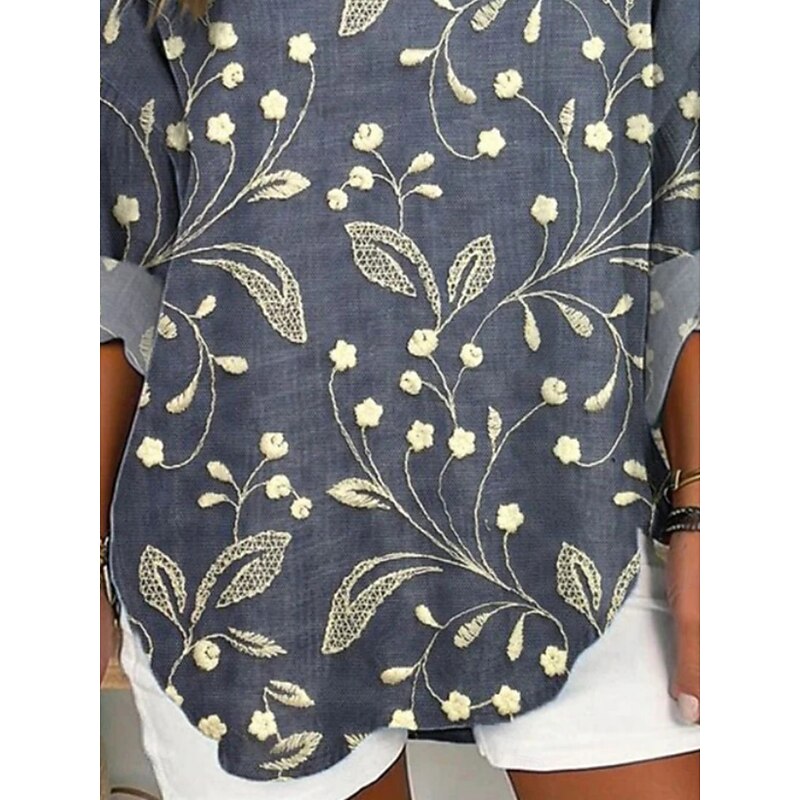 Women's Shirt Floral Daily Casual Long Sleeve V Neck Regular Tops Daily Holiday Buttons Print Gray Spring Fall2