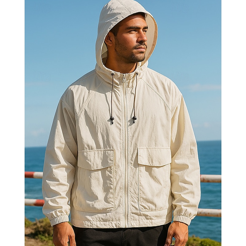 Men's Hoodie Jacket Outdoor Jacket Pockets Long Sleeve Top Athleisure Fall Solid Colored Waterproof UPF50+ Outdoor Jogging Running Sportswear Activewear Black Green Dark Blue3