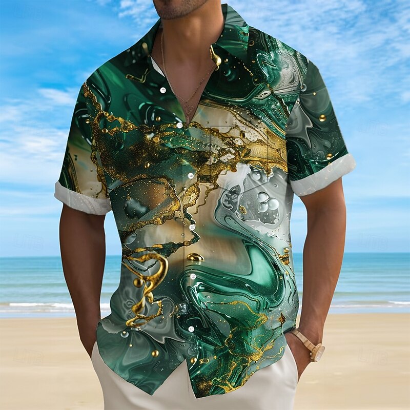 Men's Geometric Marble Abstract Art Shirt Summer Shirt Button Up Shirt Short Sleeve Fashion Casual Outdoor Vacation Dailywear Summer Spring Turndown 3D Print Collared Shirts Front One Pocket Green2