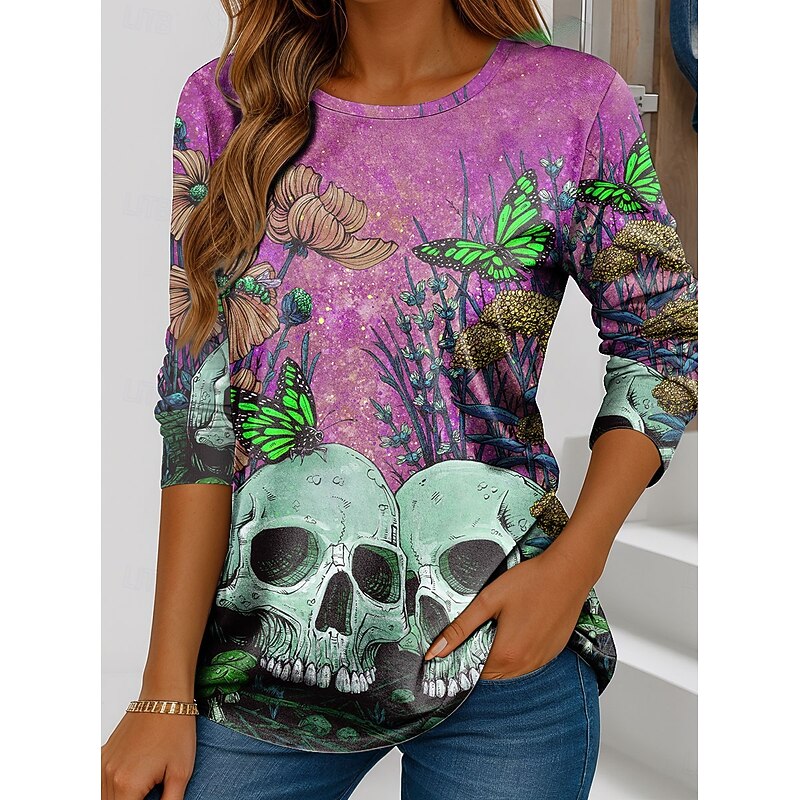 By David Lozeau Halloween Women's T Shirt Skulls Crew Neck Long Sleeve Tunic Floral Graphic  Vintage Stylish Classic  Regular Tops Daily Print4