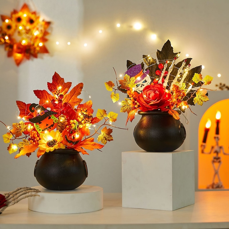 Halloween Fall Desktop Ornament Faux Pumpkin, Maple Leaves, Pinecones, and LED Light Harvest Festival Decor for Halloween, Spooky Fall Display, Autumn Home Decoration