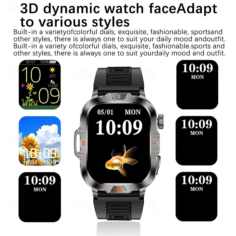 Smart Watch 2.01 inch Smartwatch Fitness Running Watch Bluetooth Pedometer Call Reminder Activity Tracker Compatible with Android iOS Men Long Standby Waterproof Media Control IP68 22mm Watch3