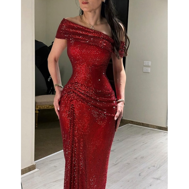 Dress Sparkled Crystal-embellished Stretch Mesh Mermaid / Trumpet Evening Gown Elegant Dress Formal Wedding Floor Length Sleeveless Off Shoulder Lace with Pleats Ruched2