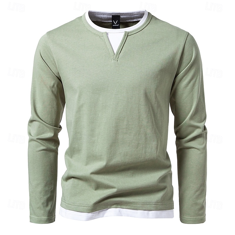 Men's 100% Cotton T Shirt Long Sleeve Crew Neck All Seasons Solid Color Knitwear Daily Casual Fake two piece Outdoor Vacation Home Black Brown Green Top Tee for Men2