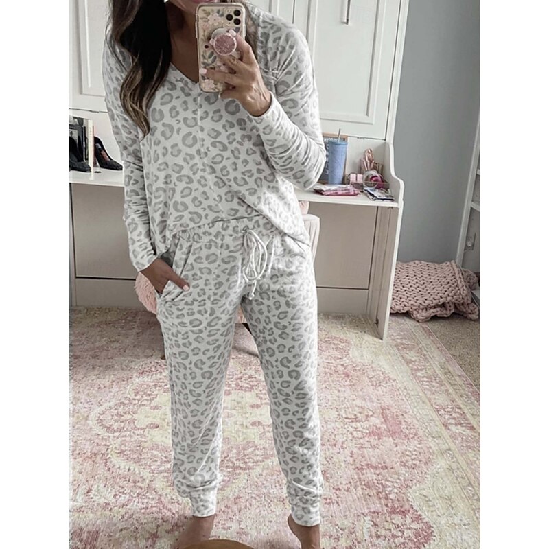Women's Pajama Set Casual Comfort Leopard Elastic Waist T Shirt Pant Home Daily Long Sleeve V Neck Pink Blue Gray Summer Spring Fall Regular Fit4