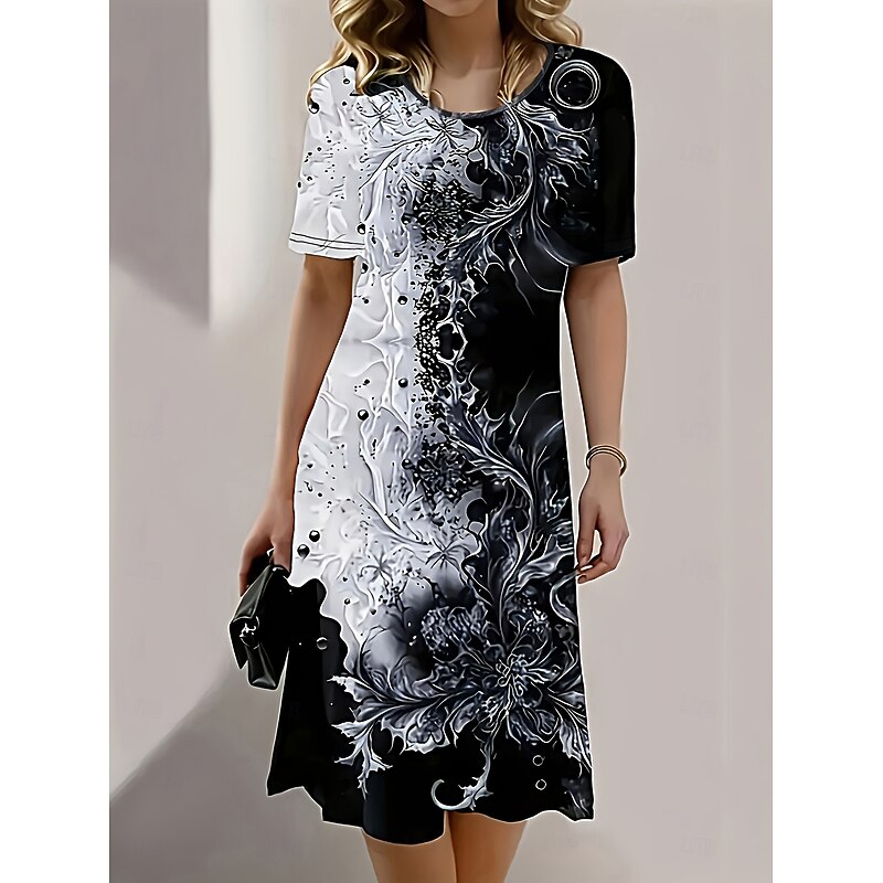 Women's Midi Dress Print Dress Fashion Modern Daily Tea Party Going out Loose Fit Floral Abstract Short Sleeve Crew Neck Black Yellow Blue Dark Blue Summer Spring3