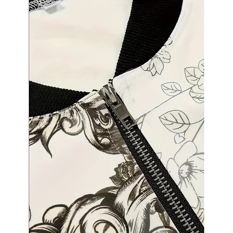 Women's Casual Jacket Warm Comfortable Print Active Vintage Retro Floral Party Casual Athleisure Casual Daily Short Stand Collar Regular Fit Long Sleeve Outerwear Light Grey Fall Winter2