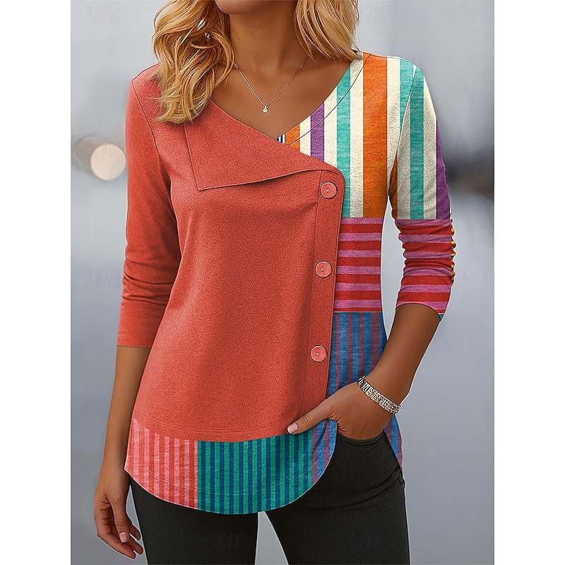 Women's Blouse Tunic V Neck Long Sleeve Buttons Shirt Graphic Geometric Plaid Vintage Stylish Casual Crew Neck Tops Daily Patchwork Print Yellow Red Light Brown Blue Sky Blue Spring Fall Winter4