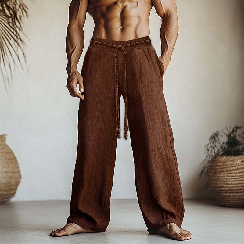 Men's Linen Pants Trousers Summer Pants Baggy Pants Elastic Waist Drawstring Straight Leg Plain Comfort Breathable Full Length Outdoor Yoga Casual Fashion Retro Vintage Brown Inelastic