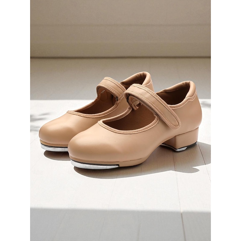 Women's Nude Leather Tap Dance Shoes with Low Heel - Professional Tap Performance Shoes for Ladies and Girls