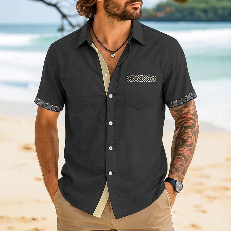 Men's Shirt Linen Shirt Summer Shirt Beach Shirt Plaid Vacation Casual Black Navy Blue Green Khaki Short Sleeve Collar Summer Clothing Apparel