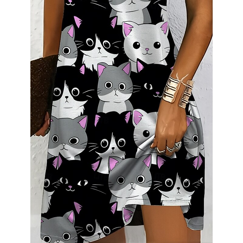 Women's Mini Dress Casual Dress T Shirt Dress Tee Dress A Line Dress Summer Dress Vacation Casual Holiday Regular Fit Graphic Animal Cat Short Sleeve Crew Neck V Neck Black And White Yellow Pink Blue3