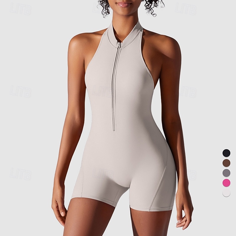 Women's Scrunch Yoga Romper Workout Jumpsuits Zipper Backless Solid Color Bodysuit Dark Grey Black Gym Workout Volleyball Running High Waist Stretchy Breathable Tummy Control Sport Activewear Tight3