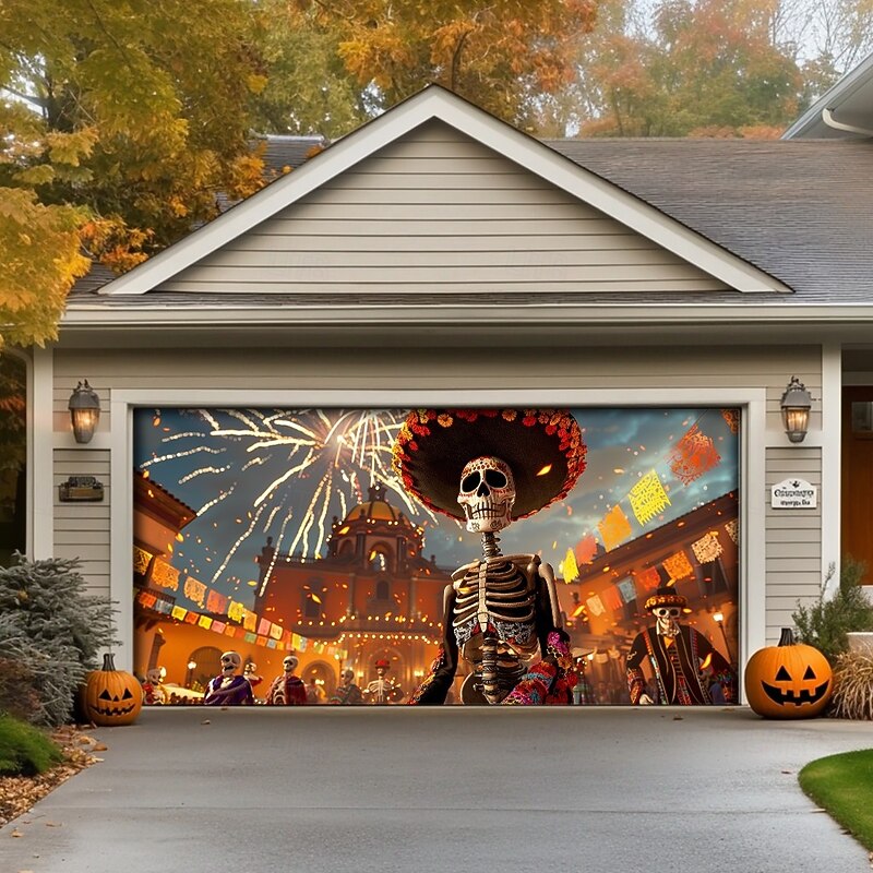 Halloween Garage Door Cover Banner Backdrop – Day of the Dead Skeleton with Marigolds, Outdoor Decoration for 2025 Halloween Home Front Yard3