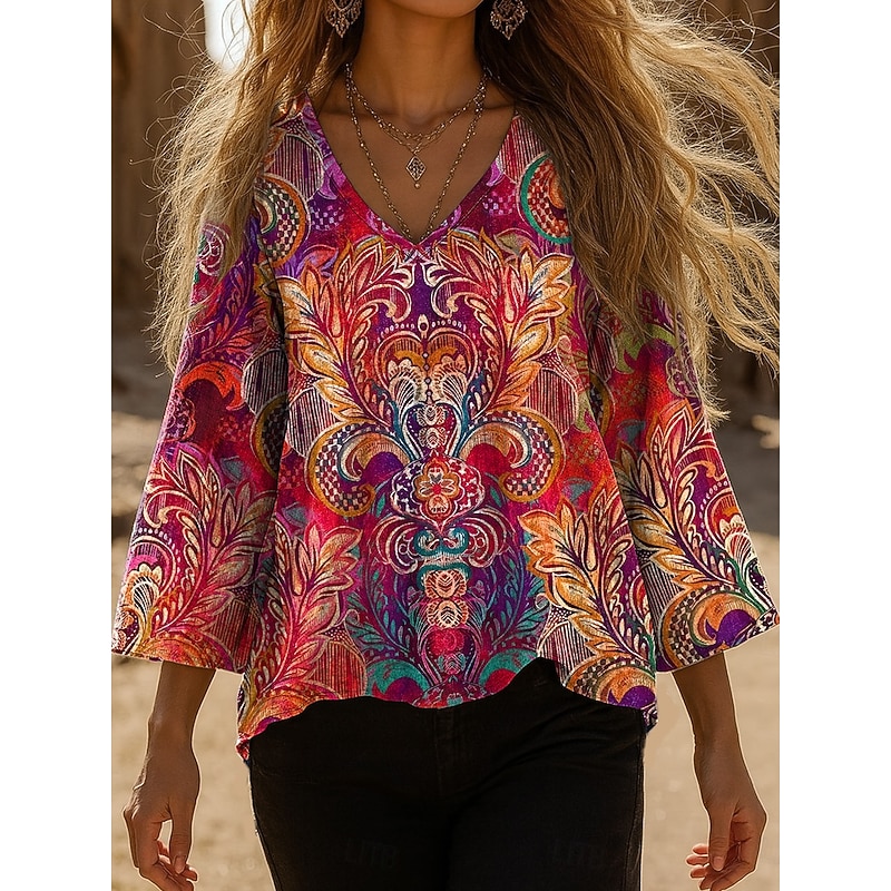 Women's Blouse Graphic Paisley Bohemia Vintage Stylish 3/4 Length Sleeve V Neck Regular Tops Daily Black Red Blue Fuchsia Green Summer Spring Fall4