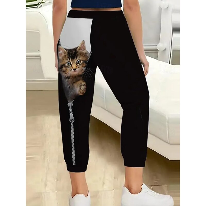 Women's Skinny Vacation Vintage Fashion Ankle-Length High Waist Animal Cat Elastic Waistband Stretchy Black Summer Spring Fall3
