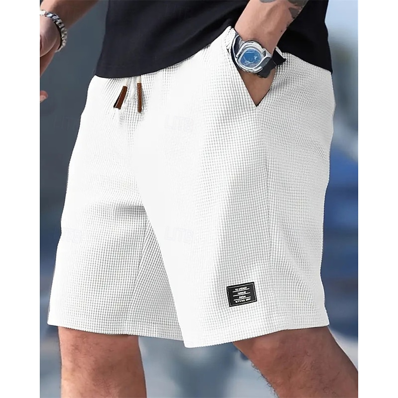 Men's Waffle Shorts Shorts Summer Shorts Casual Shorts Pocket Elastic Waist Drawstring Plain Comfort Breathable Knee Length Outdoor Vacation Sport Casual Black White Micro-elastic