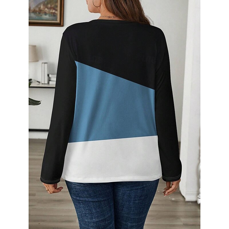 Women's Plus Size Tops T Shirt Geometry Print Long Sleeve Crew Neck Casual Daily Polyester Fall Winter Blue Brown2
