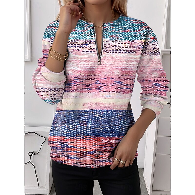 Women's Pullover Sweatshirt Zip Up Sweatshirts Graphic Striped Fashion Casual Long Sleeve Crew Neck Regular Tops Street Dailywear Zipper Print Black Pink Purple Green Fall Winter2
