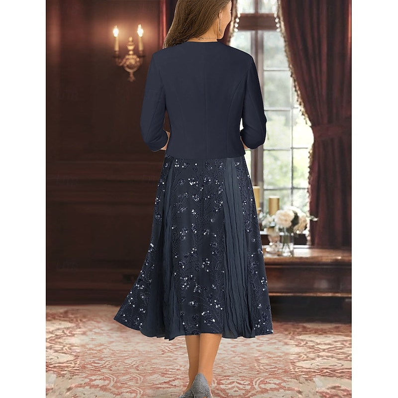 Two Piece A-Line Mother of the Bride Dress Elegant Simple Luxurious V Neck Tea Length Midi Length Beaded Lace Chiffon with Stretch Crepe Jacket4