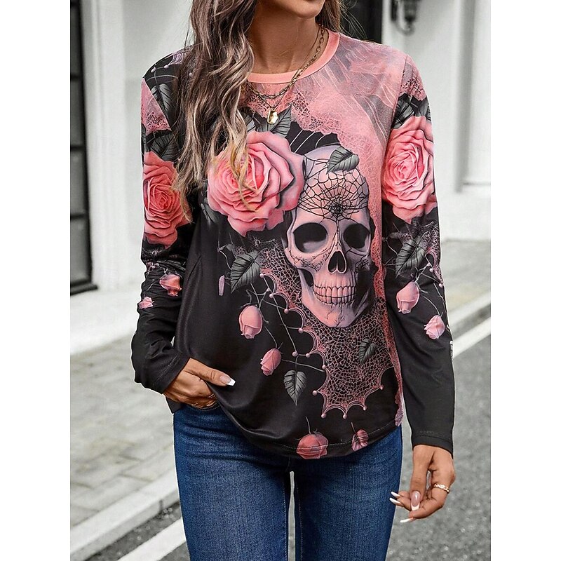 Halloween Women's T Shirt Skulls Long Sleeve Crew Neck Long Sleeve Tunic Floral Graphic Vintage Stylish Classic Round Neck Regular Tops Daily Print Pink Khaki Fall Winter Prefall4