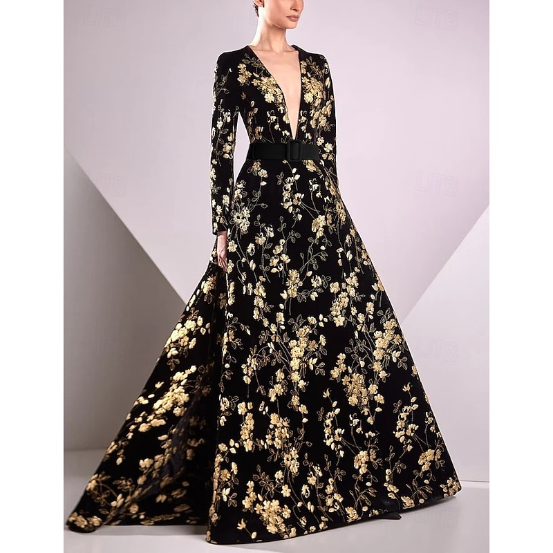 Black Tie Gold Floral A-Line Evening Gown Elegant Dress Formal Wedding Floor Length Long Sleeve V Neck Pocket Nylon