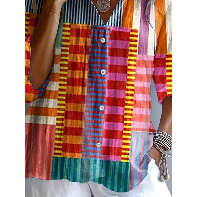 Women's Shirt Button Down Tunic Shirt Collar Long Sleeve Graphic Geometric Striped Vintage Tropical Daily Regular Tops Work Daily Holiday s Print Rainbow Spring Fall3