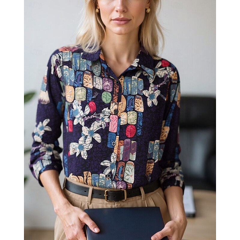 Women's Blouse Dressy Tops Chiffon Tops Graphic Color Block Elegant Daily Stylish Long Sleeve Shirt Collar Regular Tops Work Daily Buttons Print Blue Olive Emerald Green Brown Rainbow Spring, Fall2