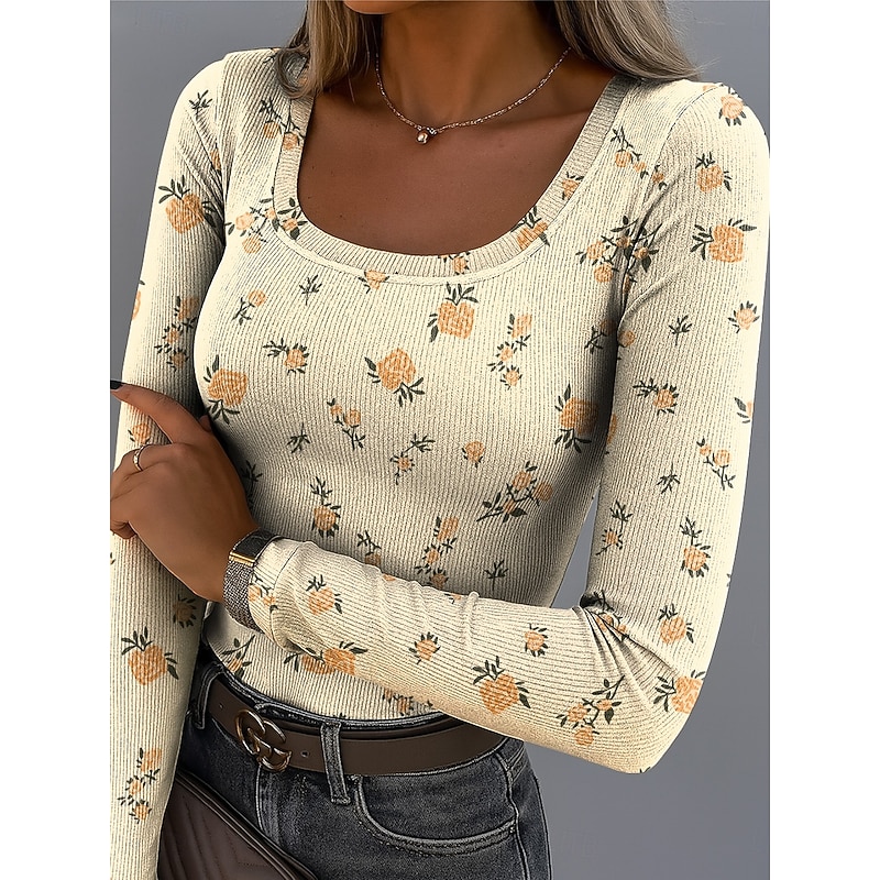 Women's T shirt Long Sleeve Ribbed Graphic Square Neck Long Sleeve Casual Floral Plants Vintage Stylish Regular Tops Daily Print Black White Yellow Light Green Purple Spring Fall Prefall4