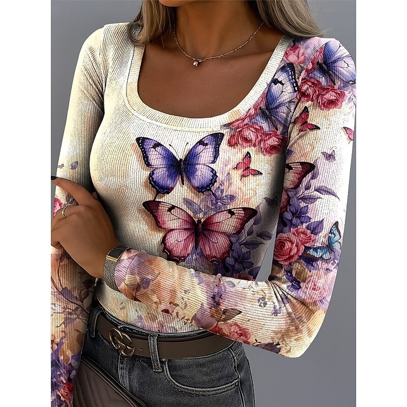 Easter Women's T Shirt Ribbed Graphic Square Neck Long Sleeve Casual Floral Butterfly Vintage Stylish Regular Tops Daily Print White Blue Purple off-white Summer Spring Fall3