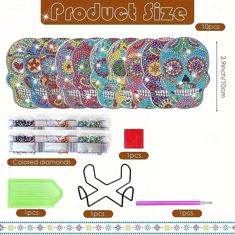 10pcs Set Vibrant 5D Skull Pattern Diamond Painting Coasters - DIY Sparkling Wooden Coasters with Black Metal Holder Ideal for Beginners Perfect Christmas & Birthday Gifts2