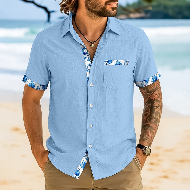 Men's Shirt Linen Shirt Summer Shirt Beach Shirt Plaid Vacation Casual White Pink Navy Blue Light Blue Short Sleeve Collar Summer Clothing Apparel4