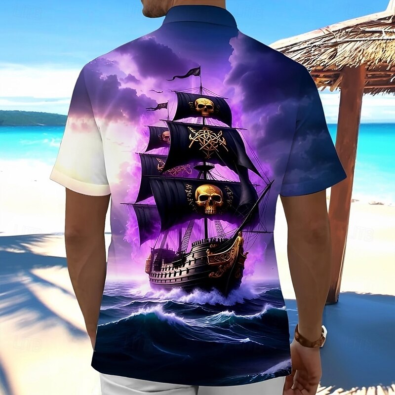 Halloween Men's Haunted Pirate Ship Ocean Sailboat Shirt Summer Shirt Button Up Shirt Short Sleeve Vintage Retro Dark Holiday Streetwear Summer Spring Turndown 3D Print Collared Shirts Purple2