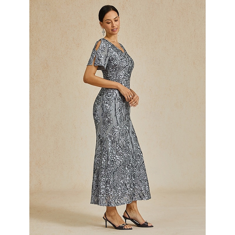 Women's Maxi Dress Sheath Dress Trumpet Mermaid Dress Elegant Party Cocktail Cold Shoulder Evening Party Cocktail Party Floral Short Sleeve V Neck Gray Summer Spring Fall Winter3