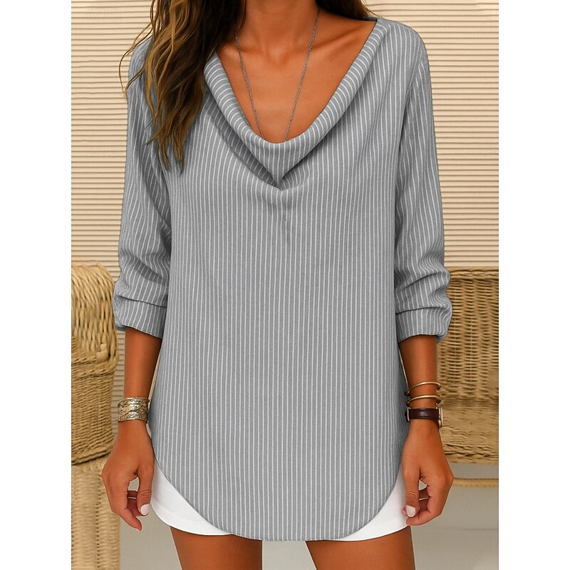 Women's T Shirt Striped Fashion Modern Casual Long Sleeve Cowl Neck Regular Tops Daily Weekend Print Black Yellow Gray Light Blue Summer Spring Fall2