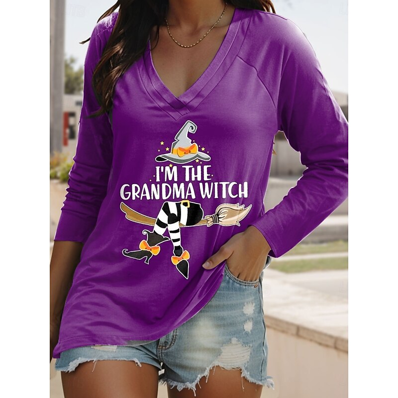 Halloween Women's T shirt Witch Long Sleeve V Neck Long Sleeve Graphic Casual Letter Vintage Stylish Classic Regular Tops Daily Print Blue Purple Orange Green Spring Fall Prefall3