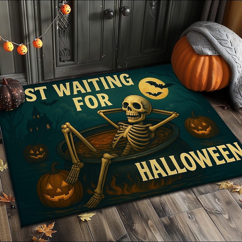 Halloween Indoor Outdoor Doormat Kitchen Mat Funny Skeleton Waiting for Halloween, Non-Slip Front Door Mat for Porch, Entryway, Patio, Bedroom, Bathroom and 2025 Halloween Home Decoration