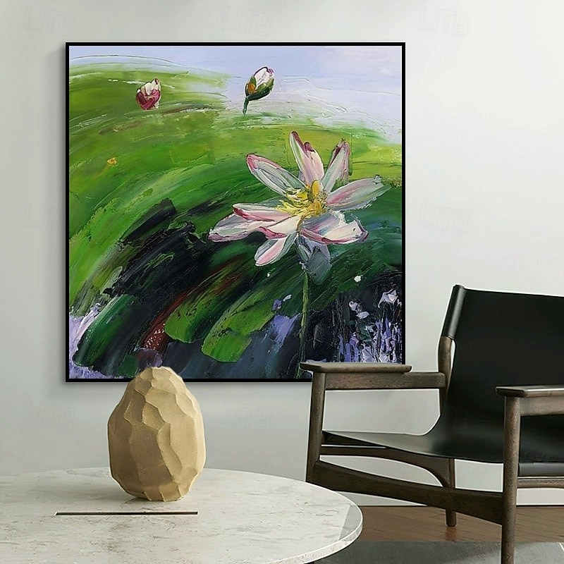 Handmade Oil Painting Canvas Wall Art Decoration Modern Abstract Lotus Flowers for Home Decor Stretched Frame Hanging Painting/Rolled Canvas (No Frame)4