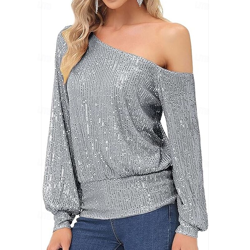 Women's Sequin Sparkly Party Glitter Sparkly Stylish Long Sleeve Cold Shoulder Regular Tops Daily Holiday Sequins Silver Black White Pink Red Spring Fall2
