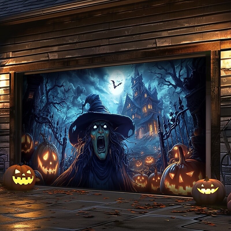 Halloween Garage Door Cover – Witch with Pumpkins & Bats, Outdoor Decoration for 2025 Halloween Home Front Yard3