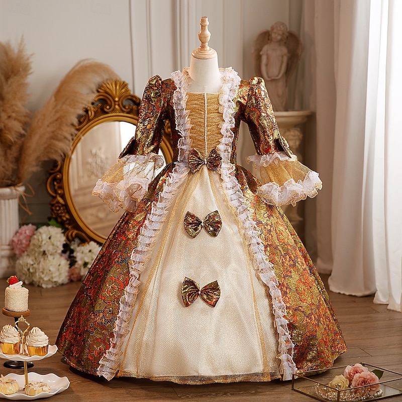 Rococo Fancy Maxi Prom Dress Bell Sleeve Princess Belle Bow Retro Ball Gown Point Fancy Dress Girls' Royal Christmas Halloween Carnival Masquerade Wedding Party Festival Kid's Child's Dress All2