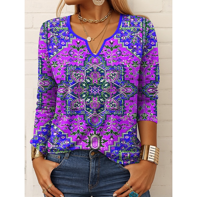 Women's T Shirt Graphic Geometric Vintage Stylish Casual Long Sleeve Notched Neck Regular Tops Daily Print Yellow Blue Purple Orange Summer Spring Fall4