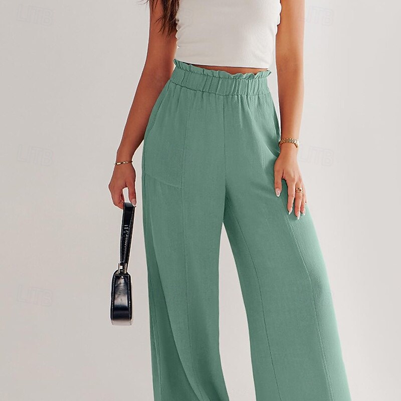 Women's Wide Leg Slacks Streetwear Casual Full Length Natural Plain Elastic Waist Comfortable Street Holiday Daily Wear Army Green Blue Brown Green Fall Regular Fit3